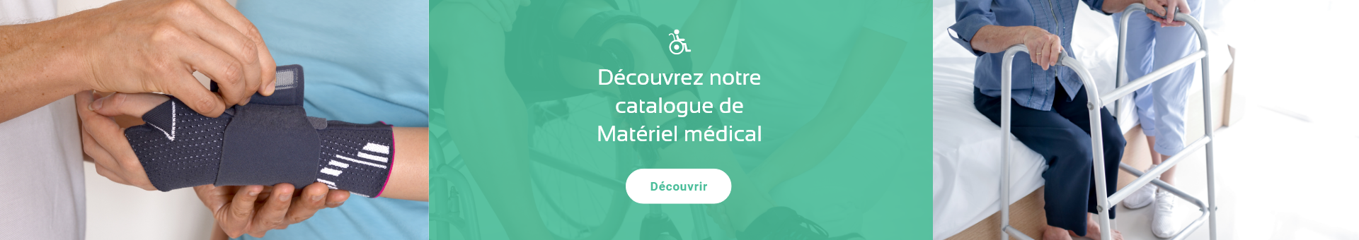 Personnes utilisant du matériel médical (attelle et déambulateur) après rdv en pharmacie